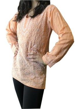 Mogul Women Peach chikankari hand embroidered Blouse Cotton Summer Cover Up Tunic Tops S