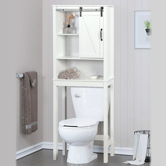 Over-the-Toilet Storage Cabinet, Space Saving Bathroom Storage Organizer with Double Doors and Shelves, Home Floor Standing Storage Organizer for Toiletries, Soaps, Shampoos, Body Wash, White, D4710