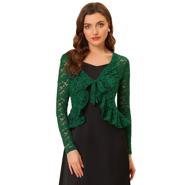 Cárdigan corto con lazo En la parte delantera para mujer Allegra K Encaje Floral Verde oscuro XS