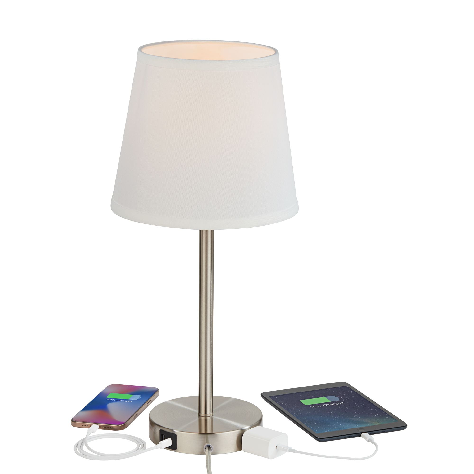 360 Lighting Modern Accent Table Lamp with Hotel Style USB and AC Power Outlet in Base 20" High Brushed Steel White Empire Shade for Living Room Desk