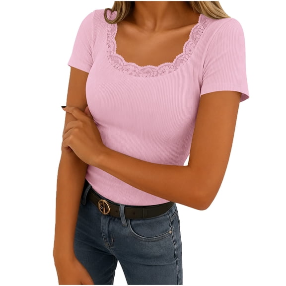 Hurxie Women's Crew Neck Ribbed Fitted Shirt Basic Short Sleeves Summer T Shirt Tops Pink M
