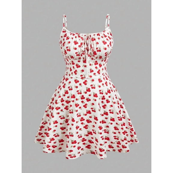 White Cherry Print Fit & Flare Mini Dress With Spaghetti Straps And Tie Front