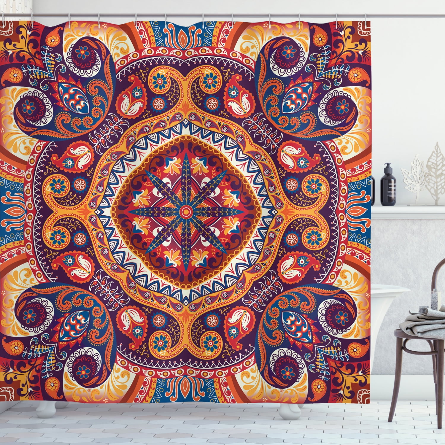 Paisley Shower Curtain Arabic Flower Rug Decor Print for Bathroom 70 Inches Long 