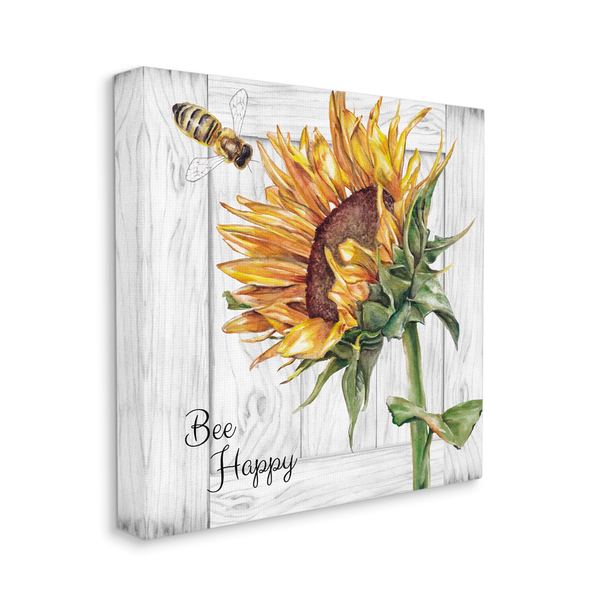 Stupell Industries Bee Happy Rustic Sunflower Botanical & Floral Painting Gallery Wrapped Canvas Art Print Wall Art, 30 x 30