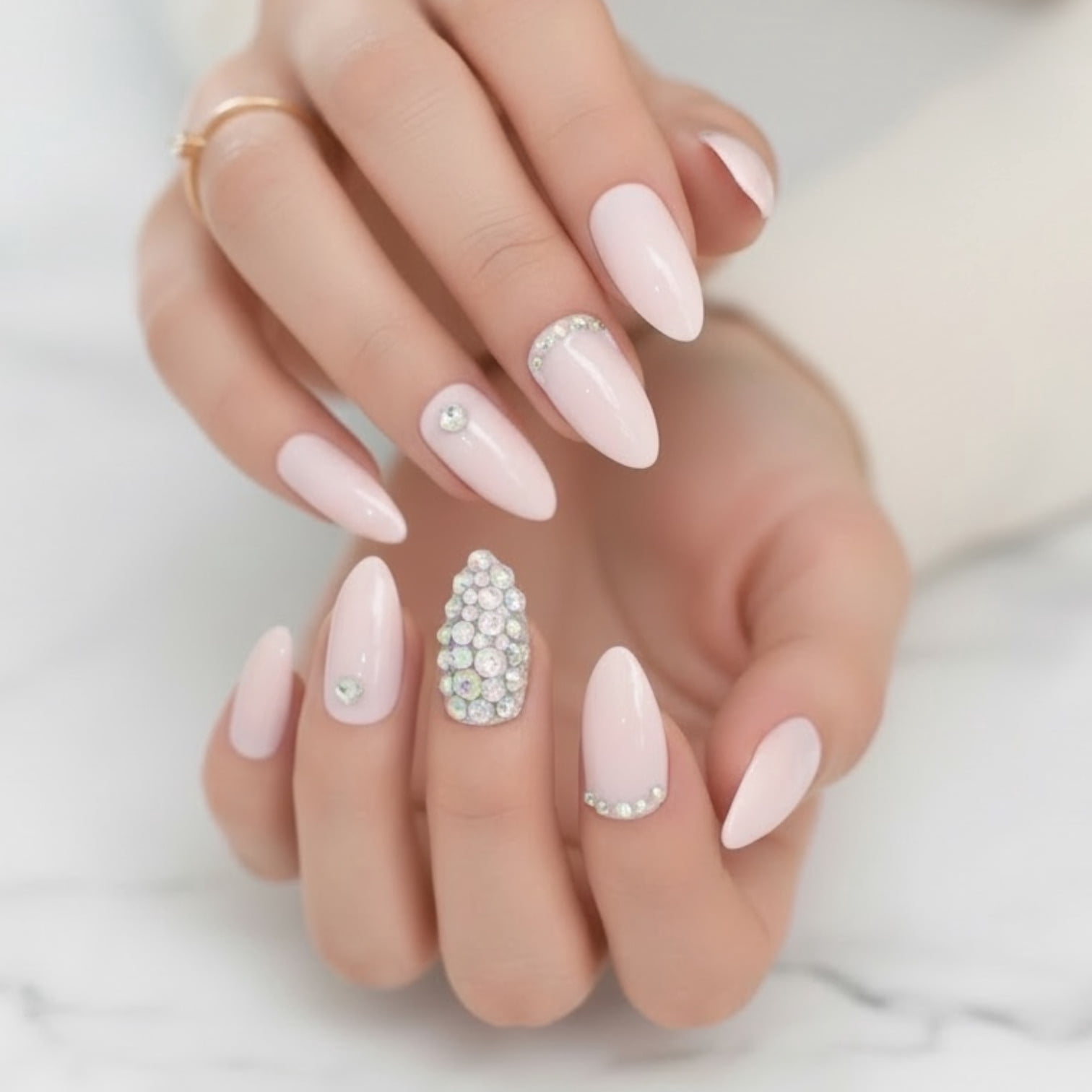 Nude 3D Crystal Press On Nails, Long Stiletto Acrylic Tips Rhinestones Design Fake Nails Set