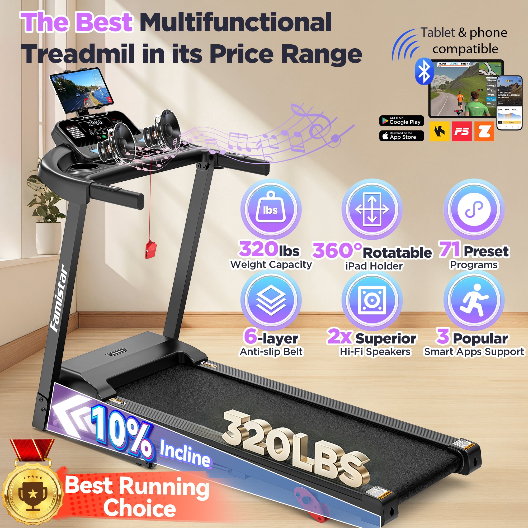 Treadmill for Home, Portable Folding Electric Exercise Treadmill with Adjustable Incline, APP Control, 64 Programs, 320 lb Capacity, 7.5MPH, Bluetooth Speakers, Running Walking Jogging, 12/23 Update