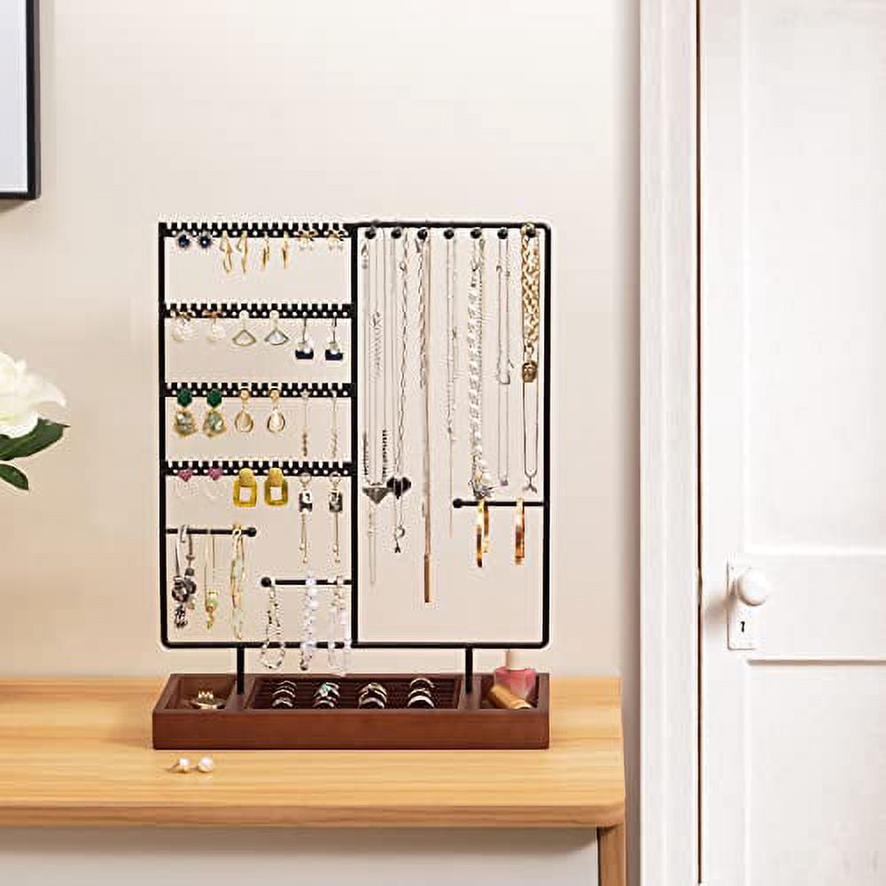 ProCase Jewelry Holder Organizer Earring Organizer Earrings Holder Stand, 6 Tiers Necklace Rack Jewellery Tower Bracelets Holder Storage Tree with Removable Wooden Ring Tray for Women Girls -Black