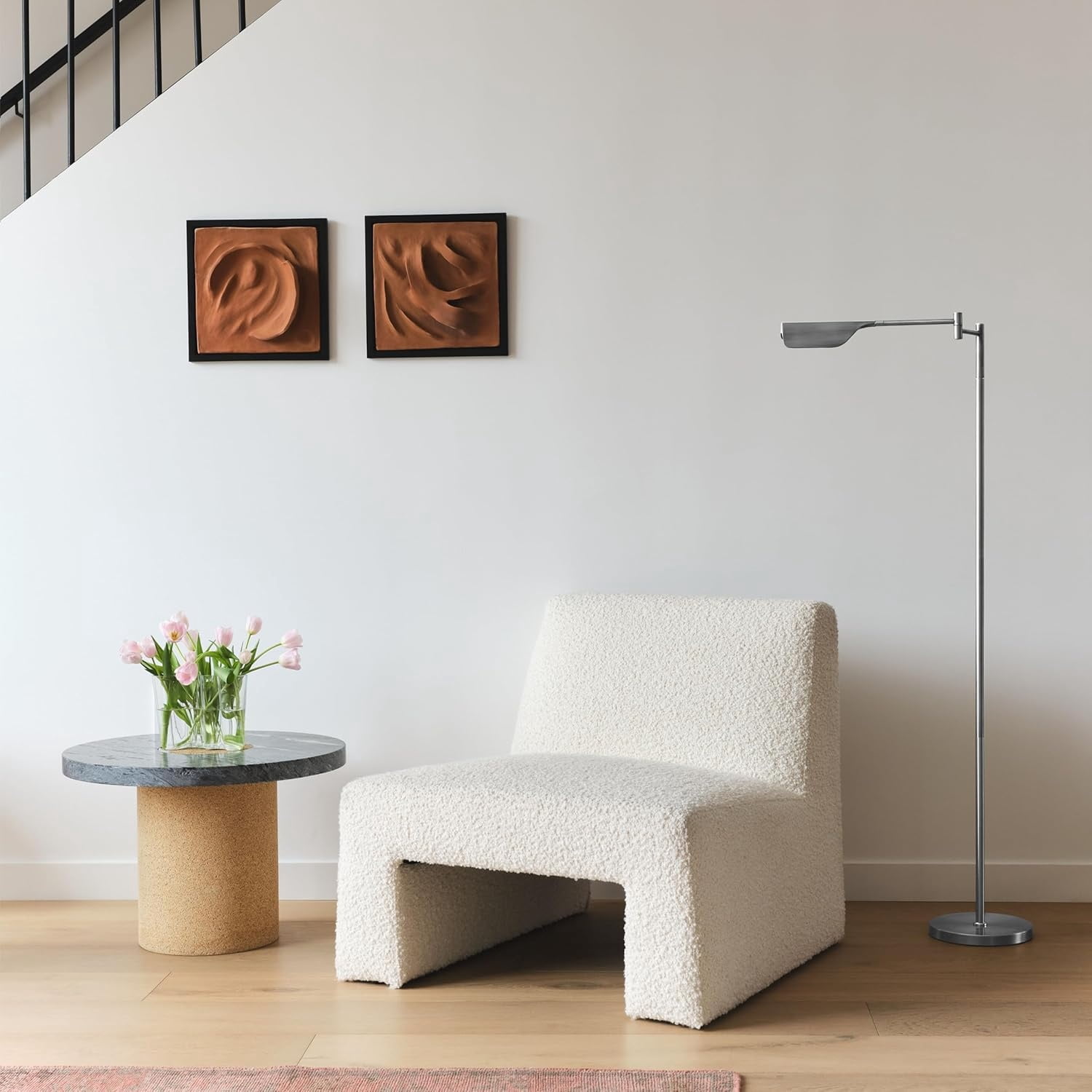 LED Reading Lamp, Dimmable Floor Lamp with Easy Rotation over Chair or Desk for Living Rooms & Offices, Adjustable Standing Lamp, Tall Lamp For Sewing & Craft - Platinum Silver