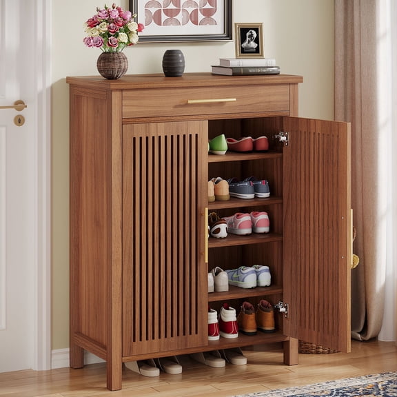 Finmind 5-Tier Shoe Cabinet with Louvered Doors & Drawer, 20 Pairs Freestanding Wooden Shoe Rack Storage Cabinet with Adjustable Shelves for Entryway, Hallway, Closet, Brown