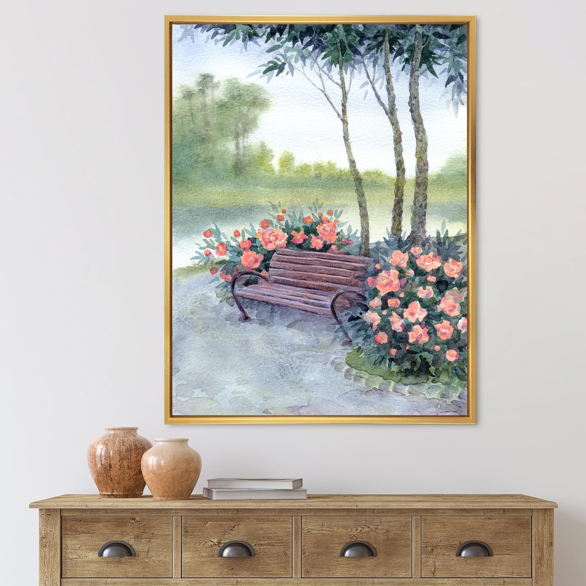 Designart 'Bench In Park By The Pions Flowers Bushes' Traditional Framed Canvas Wall Art Print