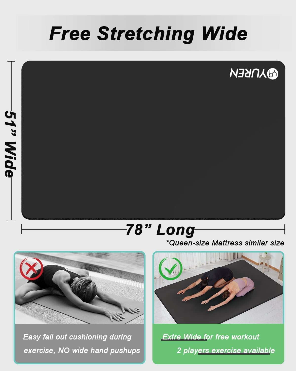 YR Large Yoga Mat 78"x51" 10mm Thick NBR Exercise Mat for Home Gym Stretching Workouts