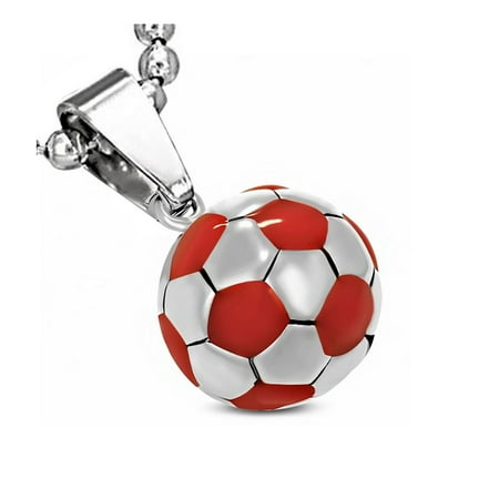 Stainless Steel Silver-Tone Red Soccer Ball Football Charm Pendant Necklace, 18