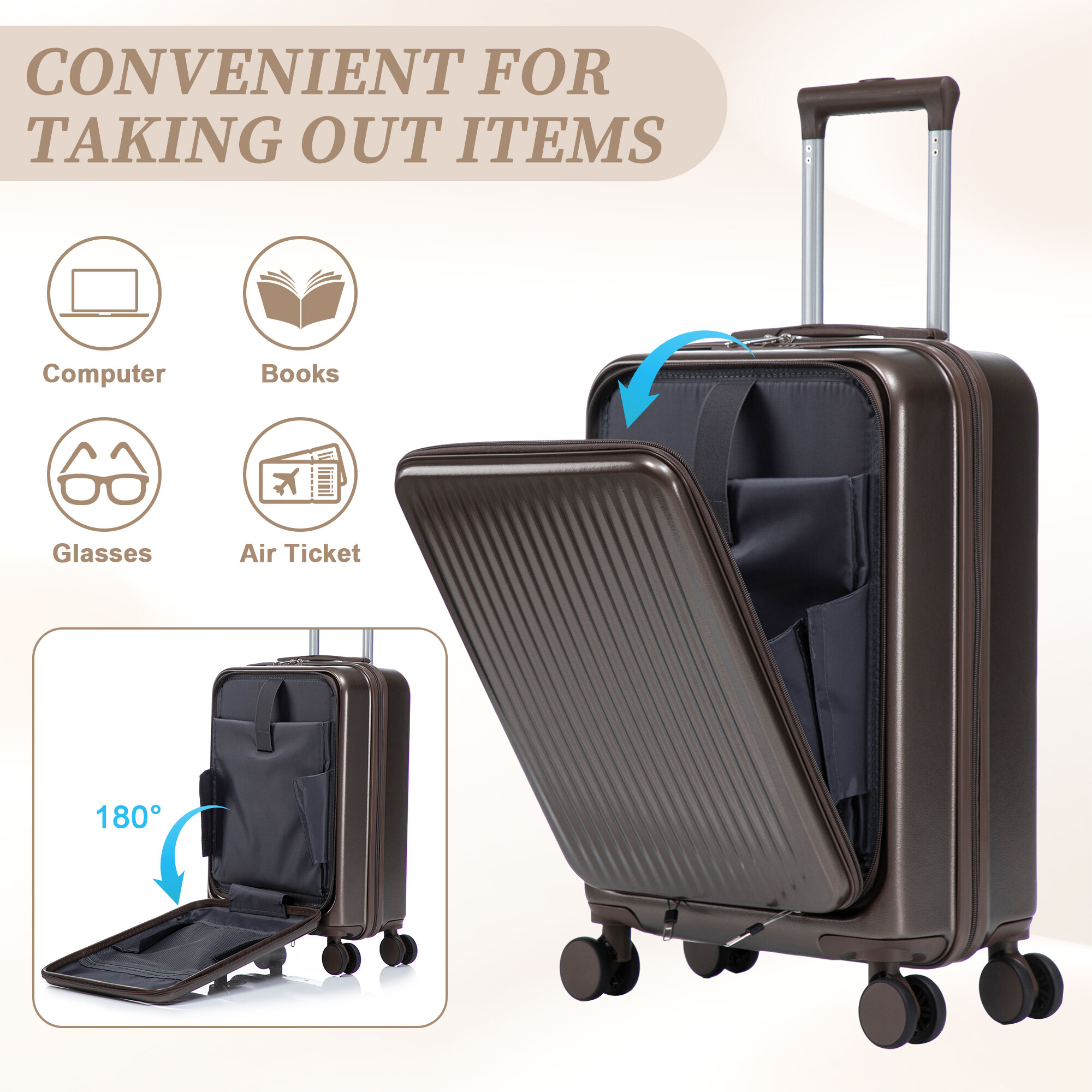 Hardside Suitcase, 14"/20" 2 pcs/set in ABS Spinner Wheel Luggage, with Combination Lock and Front Opening Design, 14" Cosmetic Case (Brown), Brown Hardside Luggage,Abs Hardside Checked Luggage