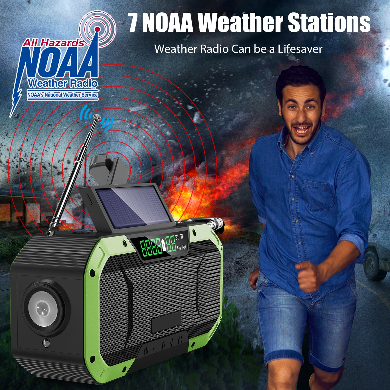 iFanze Emergency Weather Radio, 5000mAh Solar Hand Crank Radio, AM FM NOAA Weather Alert Radio with Bluetooth Speakers/ Flashlight/ SOS, Green - image 5 of 9