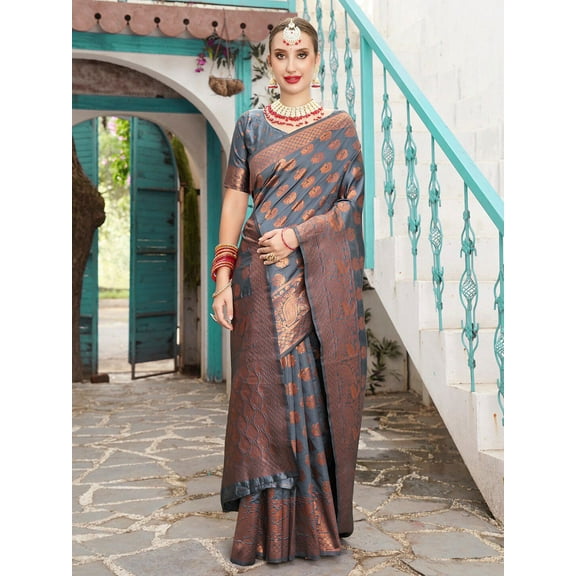 Grey & Gold-Toned Ethnic Motifs Woven Design Zari Art Silk Banarasi Saree - 25231480