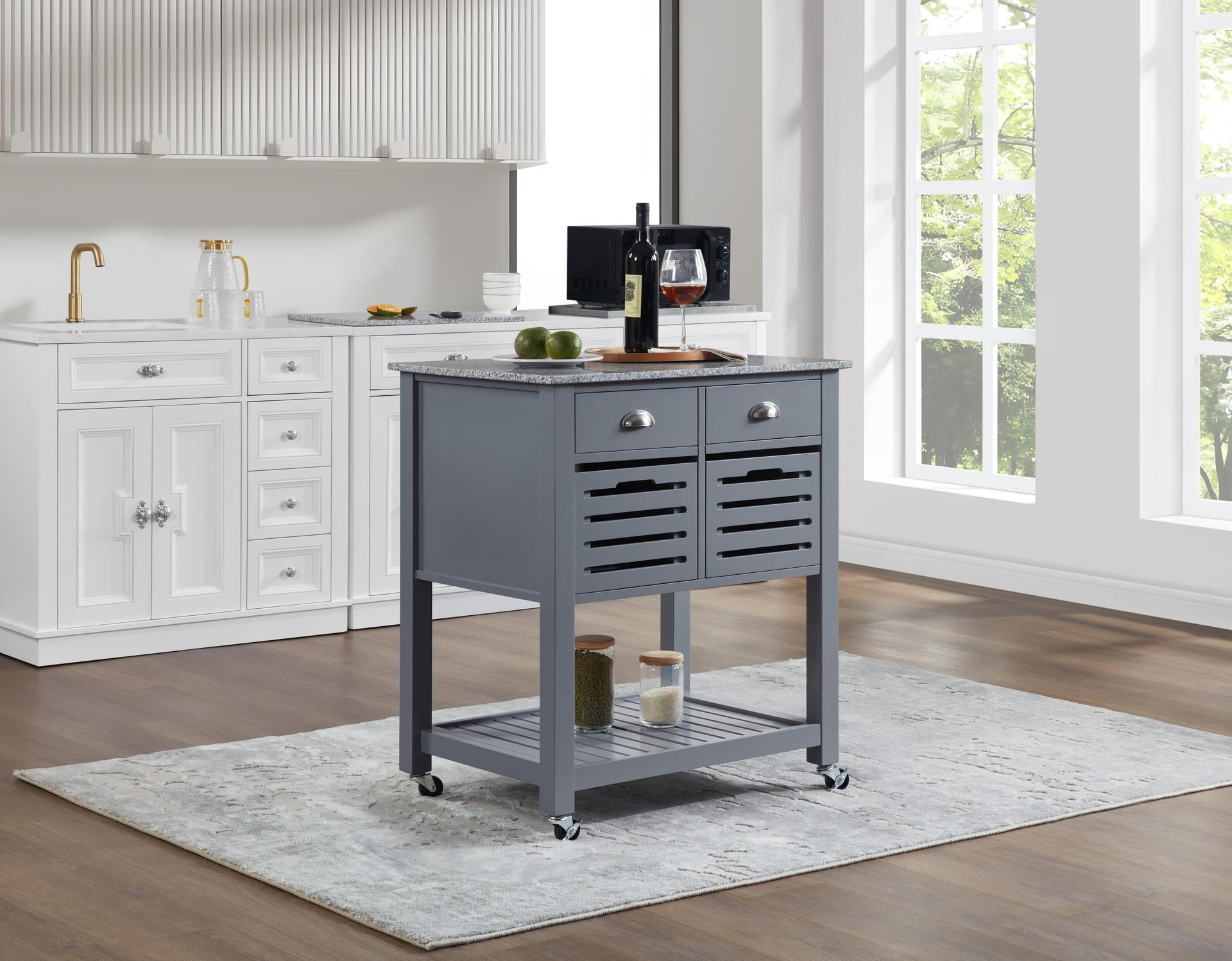 Mobile Rolling Kitchen Island Trolley Serving Cart with 2 Drawers & Slide-Out Wire Storage Basket