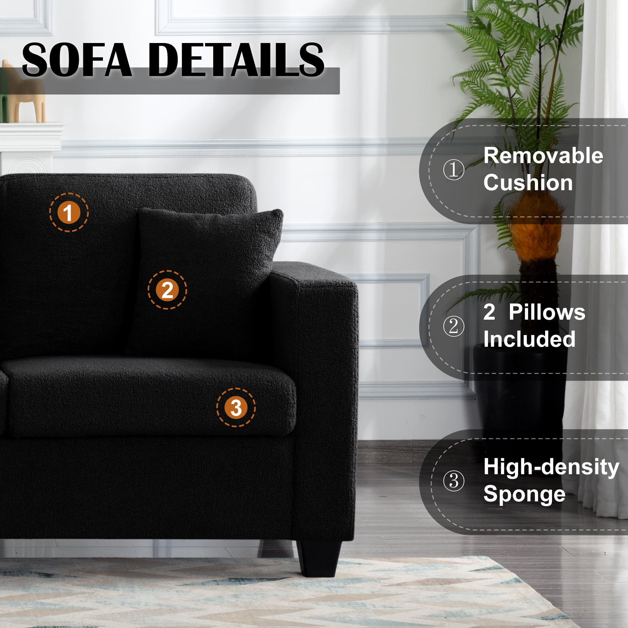 Gewnee 86.5''Modern Teddy Velvet Sofa with 2 Pillows,Extra-Wide Deep Sofa Couch,Suitable for Living Room,Bedroom,Office,Apartment (Black)
