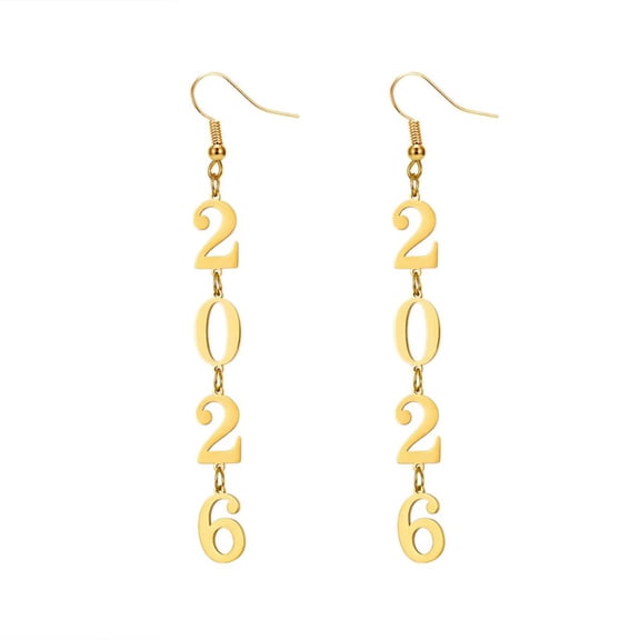 PAURO Long New Years Earrings for Women Drop Dangle Stainless Steel Number 2026 Gold Plated Dainty Statement Simple Unique Large Jewelry Gold