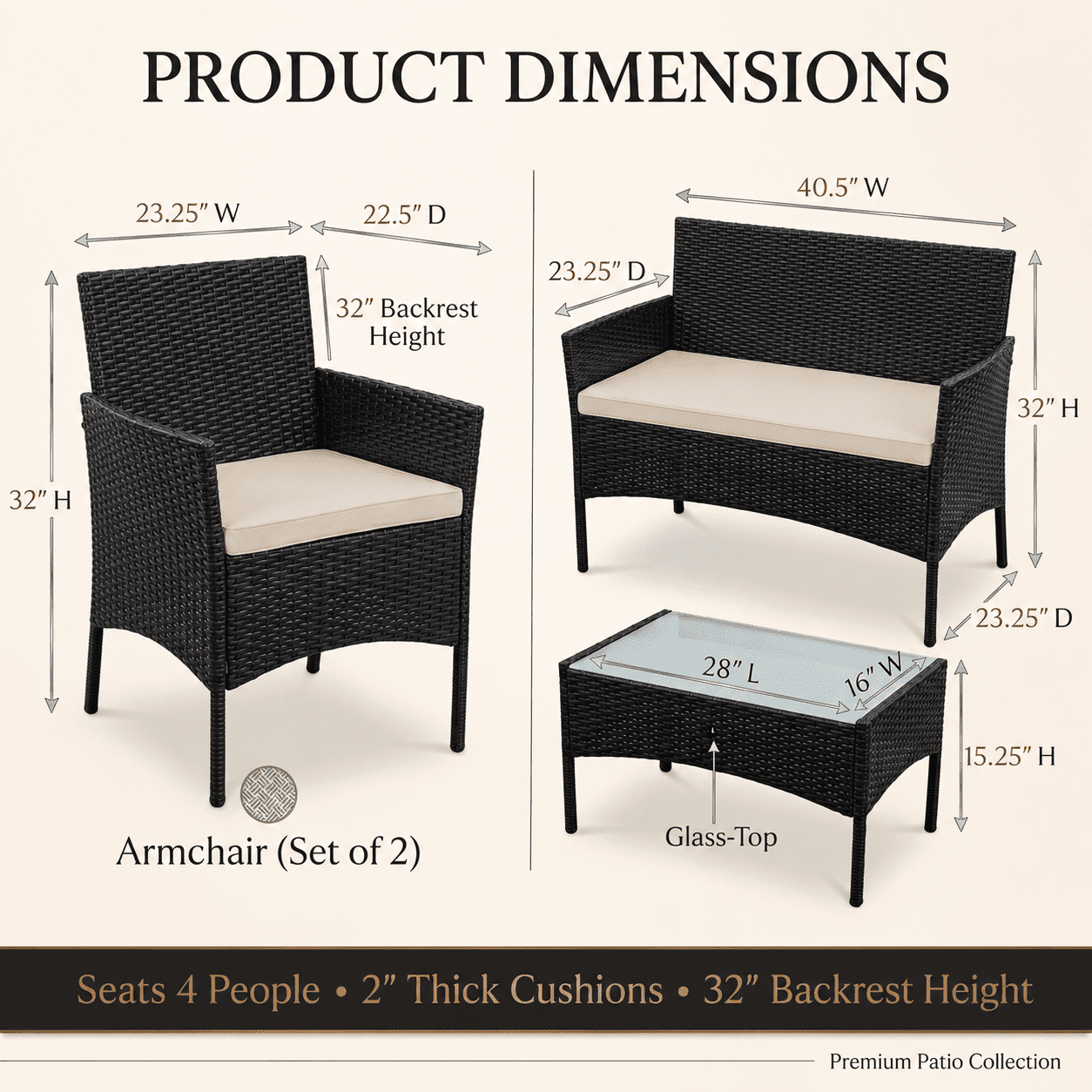 LammaLoe 4 Piece Outdoor Patio Furniture Sets , Patio Table and Chairs, Outdoor Furniture Sets with 2 Chairs Loveseat & Glass Top Coffee Table, Porch Furniture Black/Beige