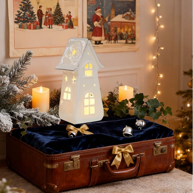 Decoraciones navideñas, adornos navideños, regalos de Navidad. Reno navideño de cerámica, muñeco de nieve, anciano. Decoración luminosa para el día de Navidad. Lámpara pequeña de cerámica.