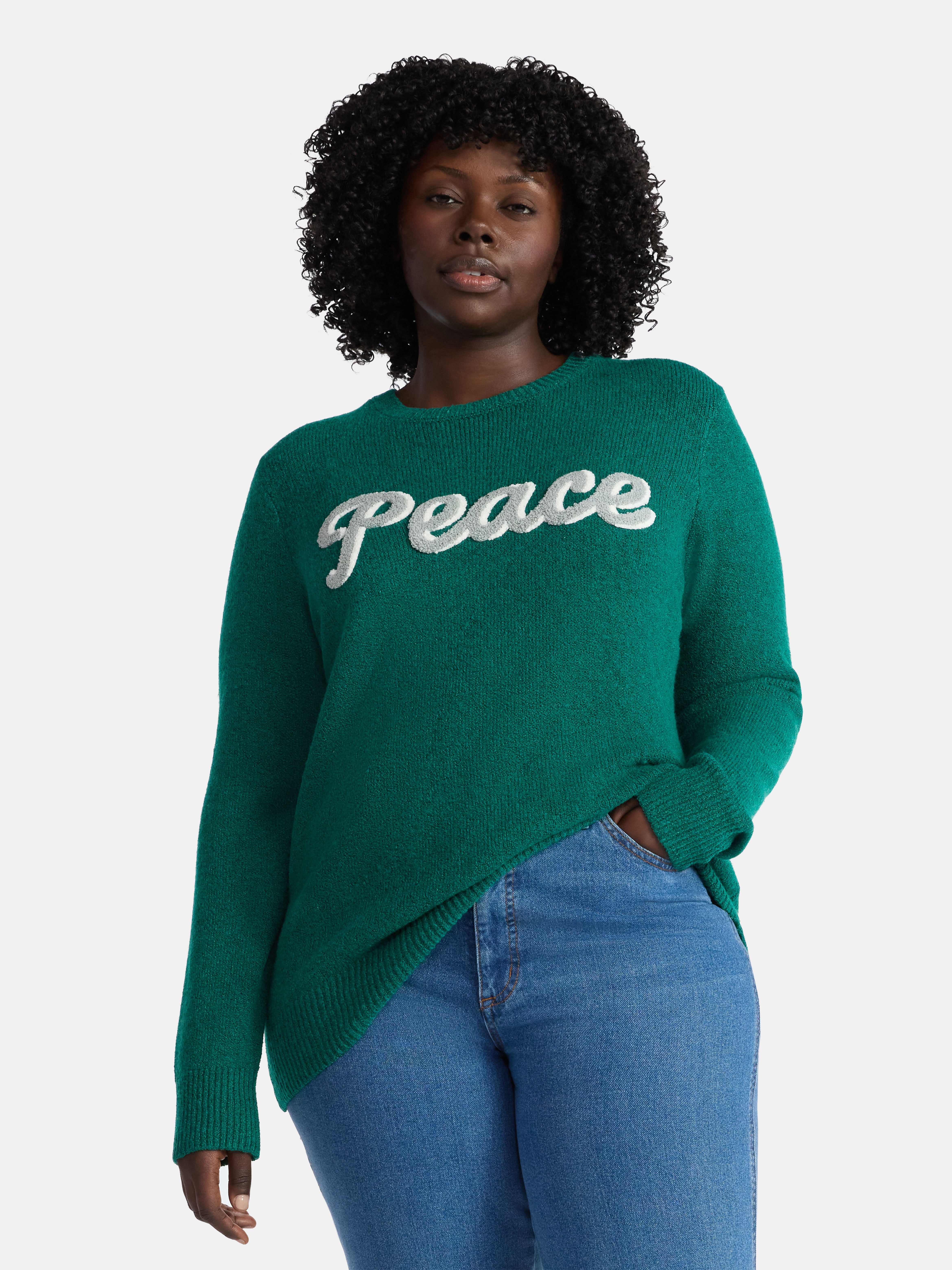 Time and Tru Women's and Women's Plus Holiday Talking Sweater with Long Sleeves, Midweight, Sizes XS-4X