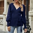 thumbnail image 2 of Baqcunre Sweaters For Women Women'S Fall Winter Wrap V Neck Sweater Balloon Sleeves Ribbed Knitted Pullover Tie Front Top Jumper Tops For Women 2023 Hoodies For Women Navy XL, 2 of 9