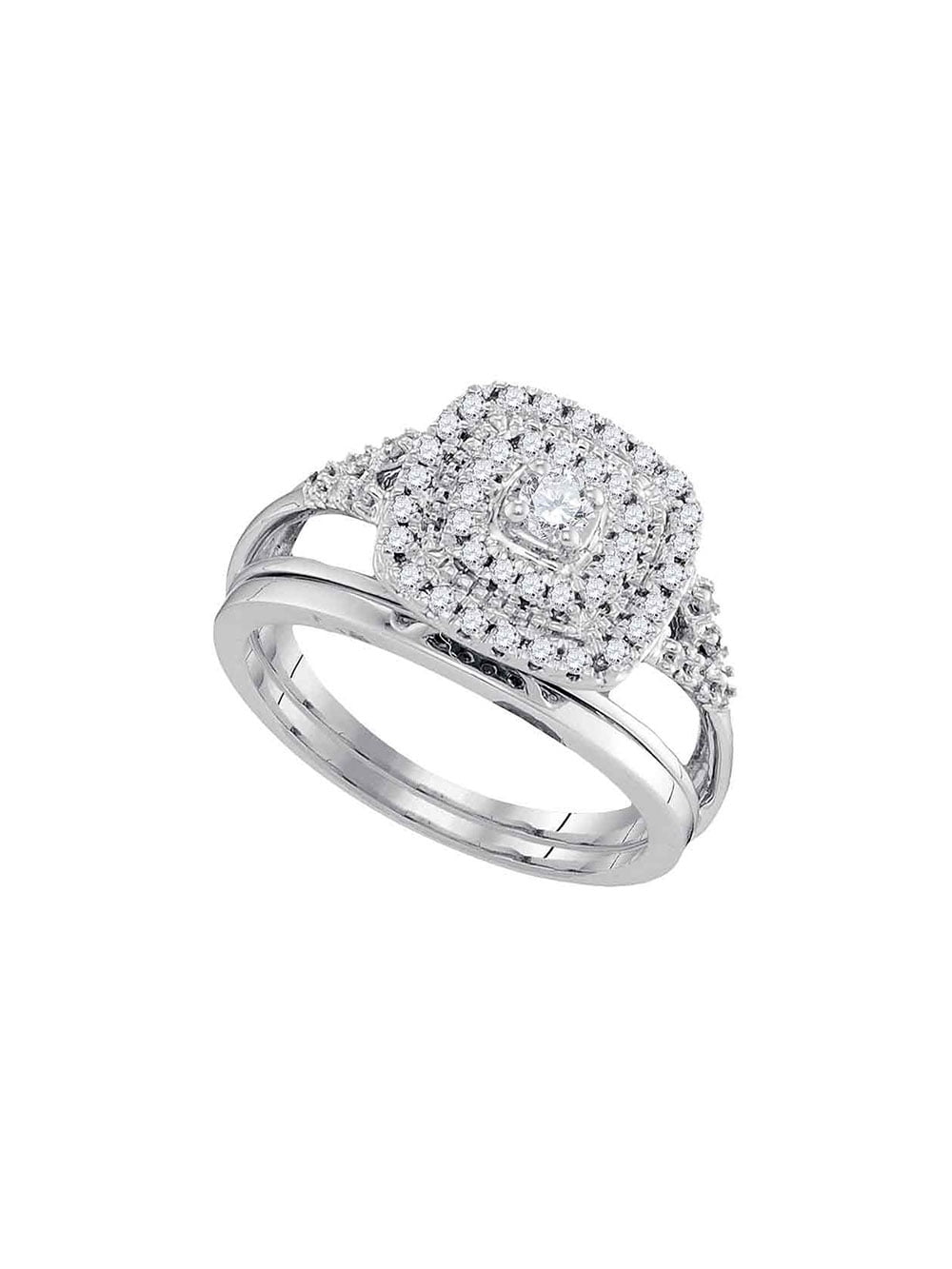 Solid 10k White Gold Round Diamond Square Halo Bridal Wedding Engagement Ring Band Set 1/3 Ct. - Size 5