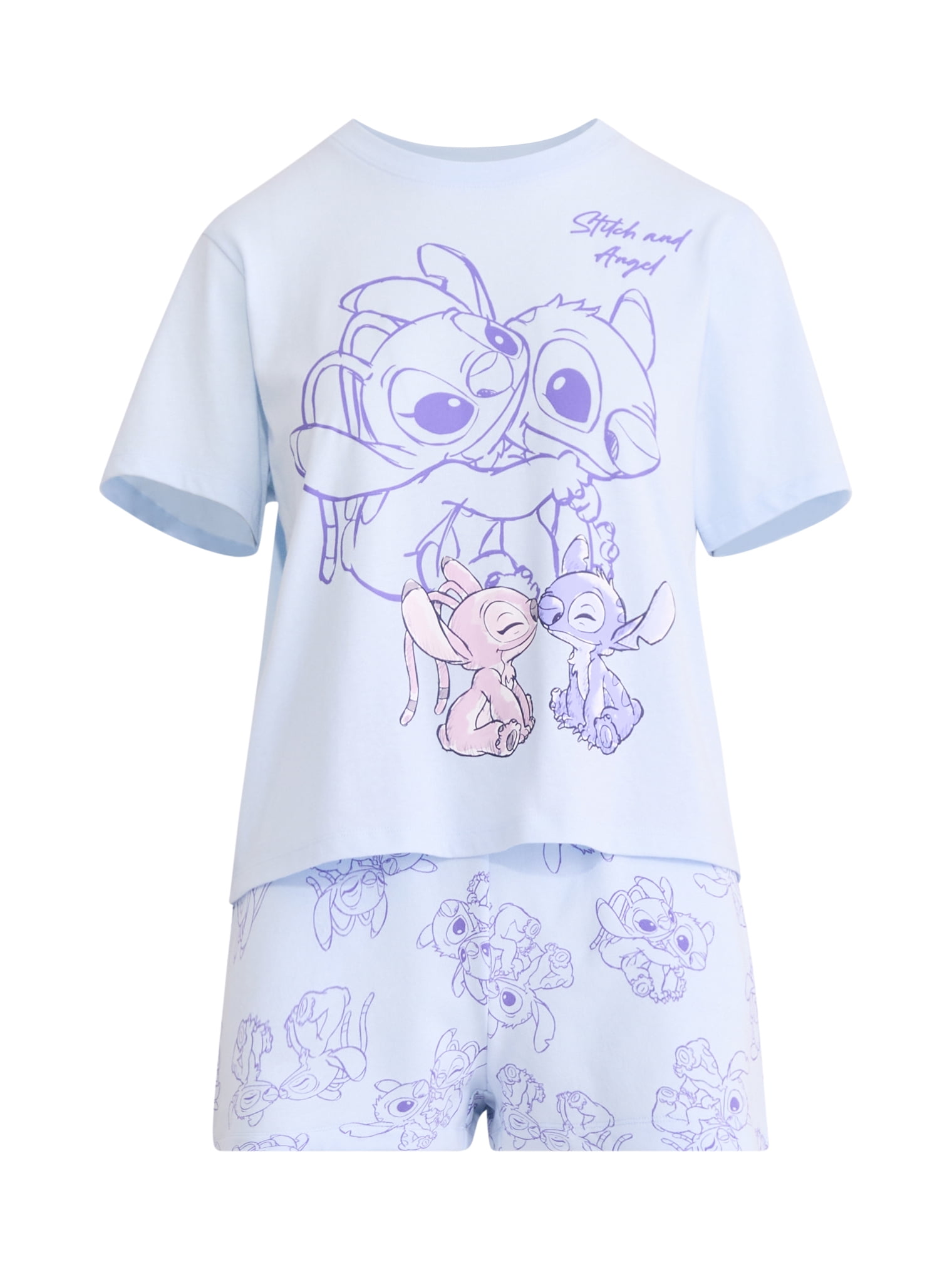Stitch and Angel Women's Graphic Tee and Shorts Set, 2-Piece