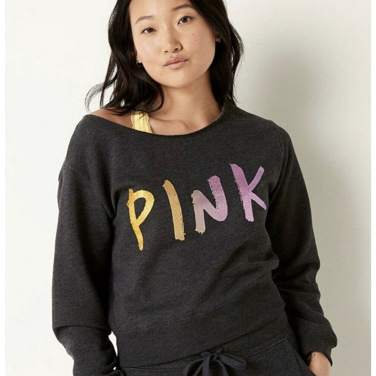 Victoria's Secret Pink Off Shoulder Brush Shine Ombre Glitter Sweatshirt  Dark Gray Size Medium NWT 
