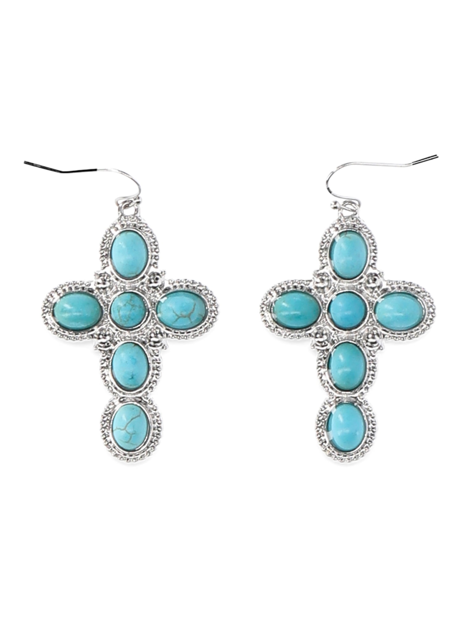 No Boundaries Silver-Tone and Simulated Turquoise Cross Earrings, Women’s