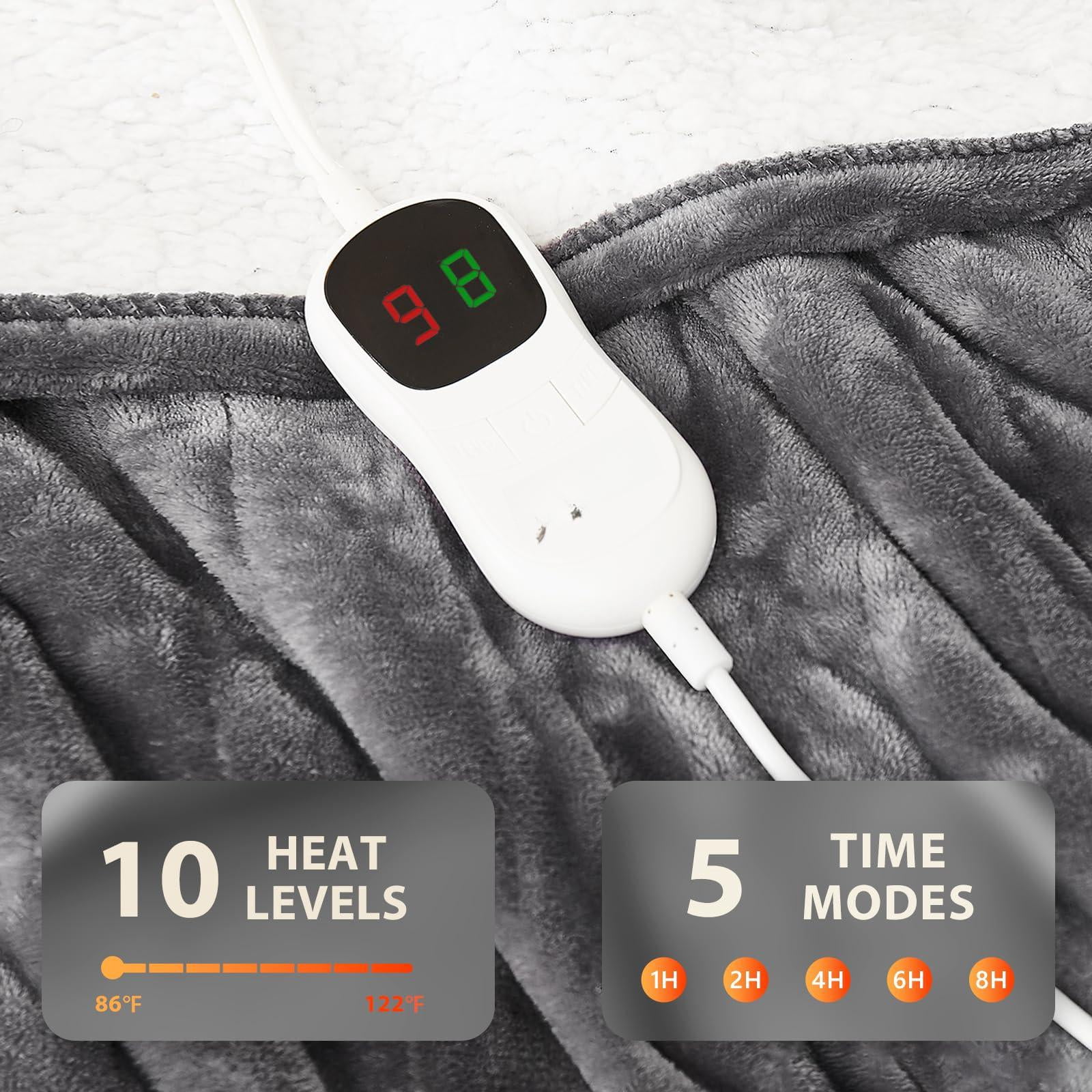 Electric Heated Blanket - 62"x84" Heating Bed Blankets Throw With 10 Levels 8 Hours Auto Off Fast Over-heated Protection Ultra Soft Warm Flannel Etl Certified Grey