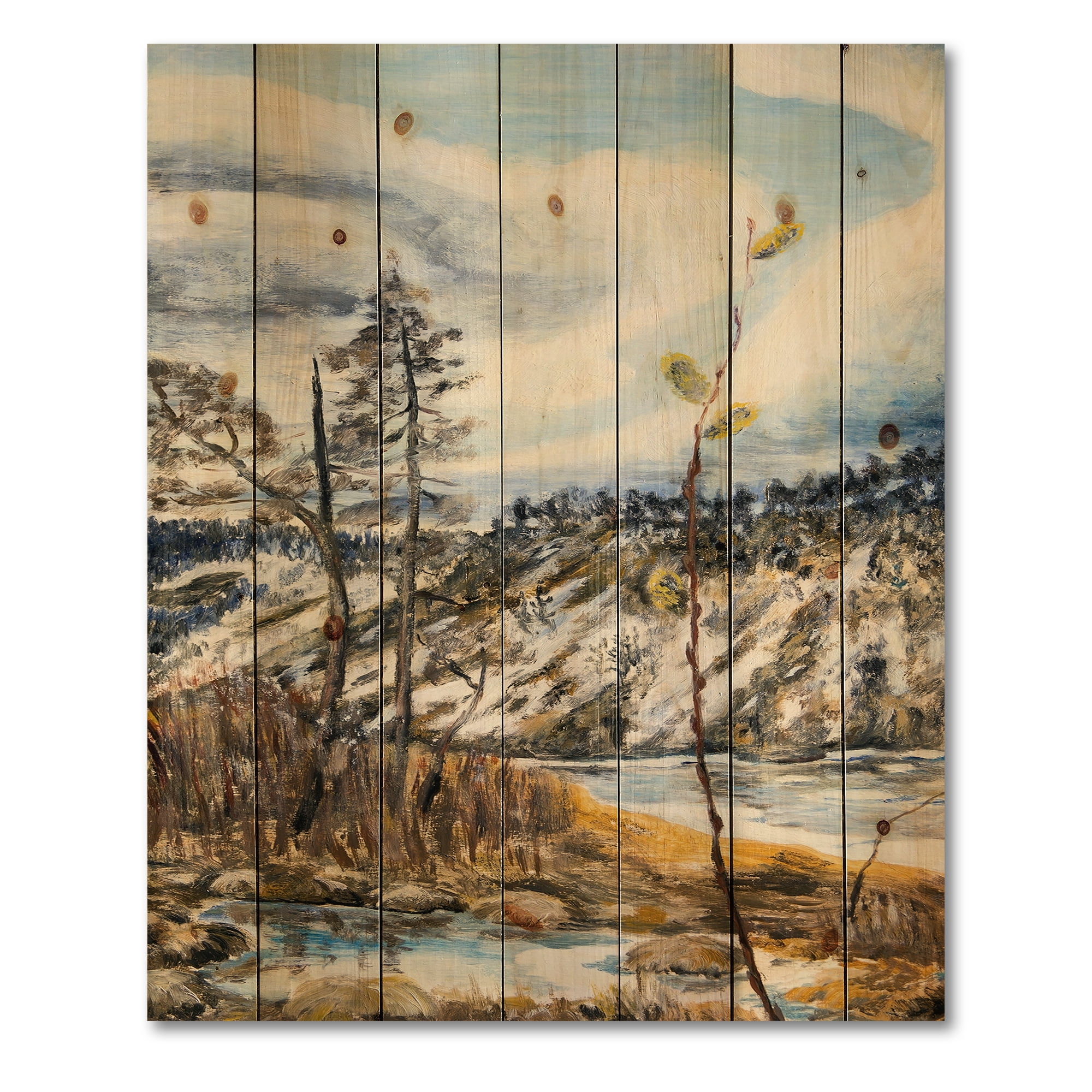 Designart 'The Cloudy Sky and The River With Spring Landscape' Lake House Print on Natural Pine Wood