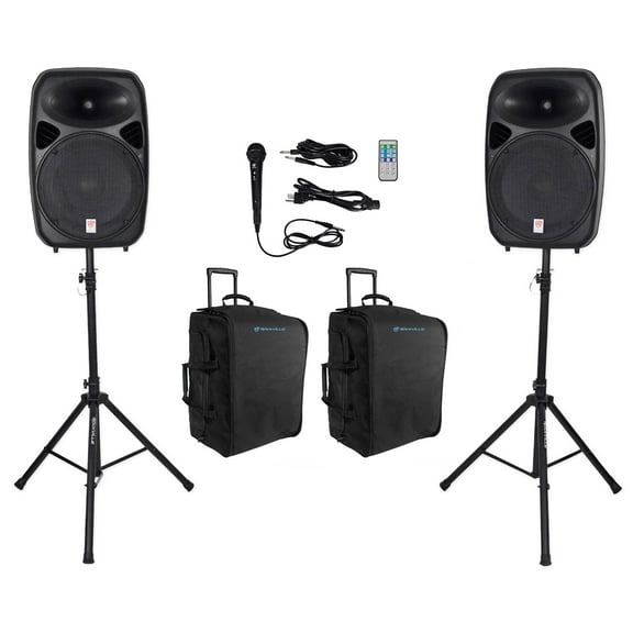 Rockville RPG152K Dual 15" Powered Speakers, Bluetooth Mic Stands Travel Bags