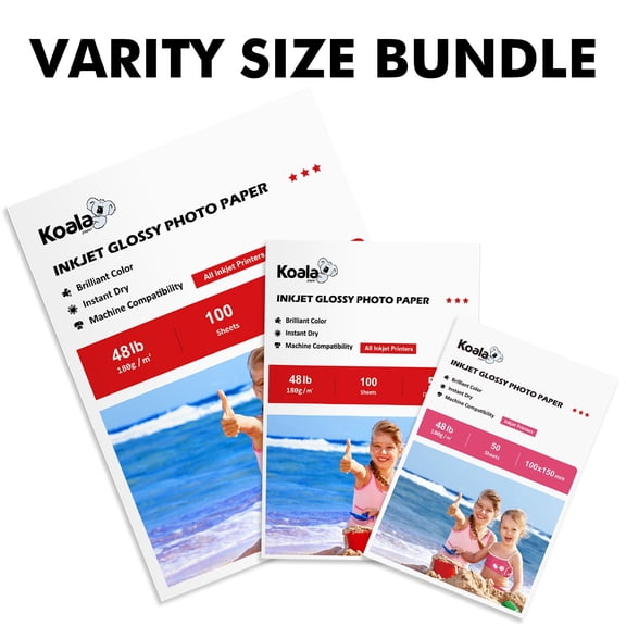 KOALA Premium Glossy Photo Paper Variety Size Pack, Mixed 250 Sheets (50ct 4 x 6", 100ct 5 x 7", 100ct 8.5 x 11") , 48LB / 180 gsm, Inkjet Photo Printer Paper