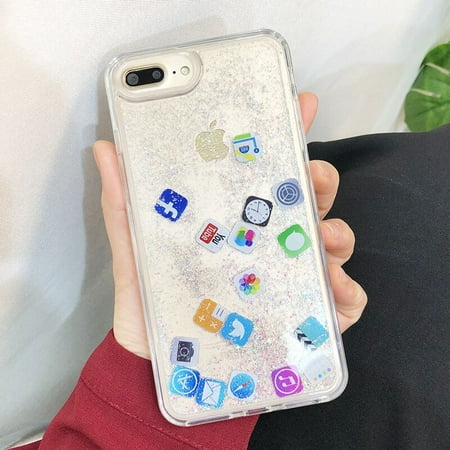 Liquid Glitter Case for iPhone 7 8 plus, Hard Back Colorful Bling Quicksand with iOS icon APP Shine Phone Case for iPhone X XR XS Max (Silver Glitter)