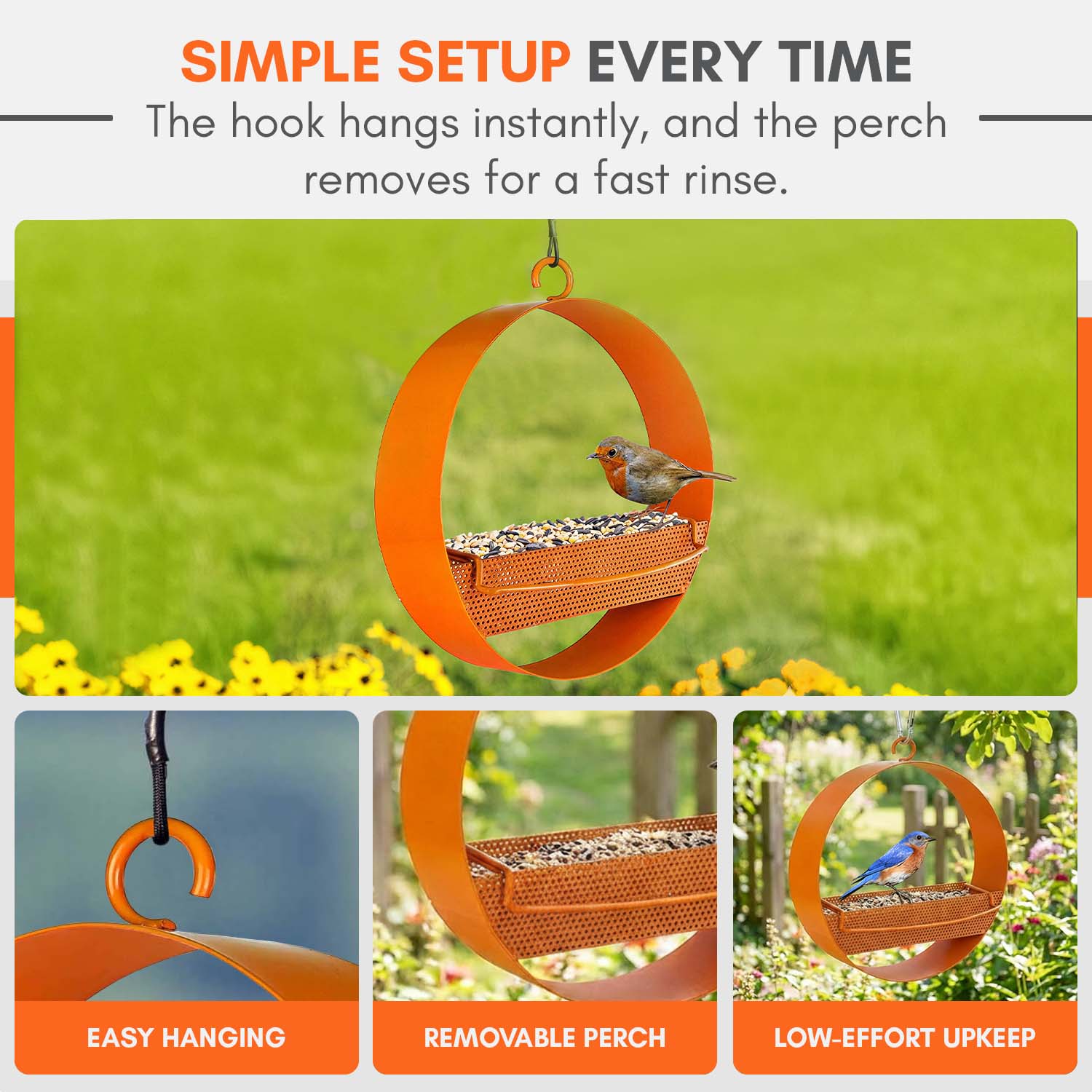 Mosaic Birds Bistro Bird Feeder - Premium Metal Bird Feeder, Chew-Proof, Weather & Water Resistant, 16.9oz, 1 Piece, Orange