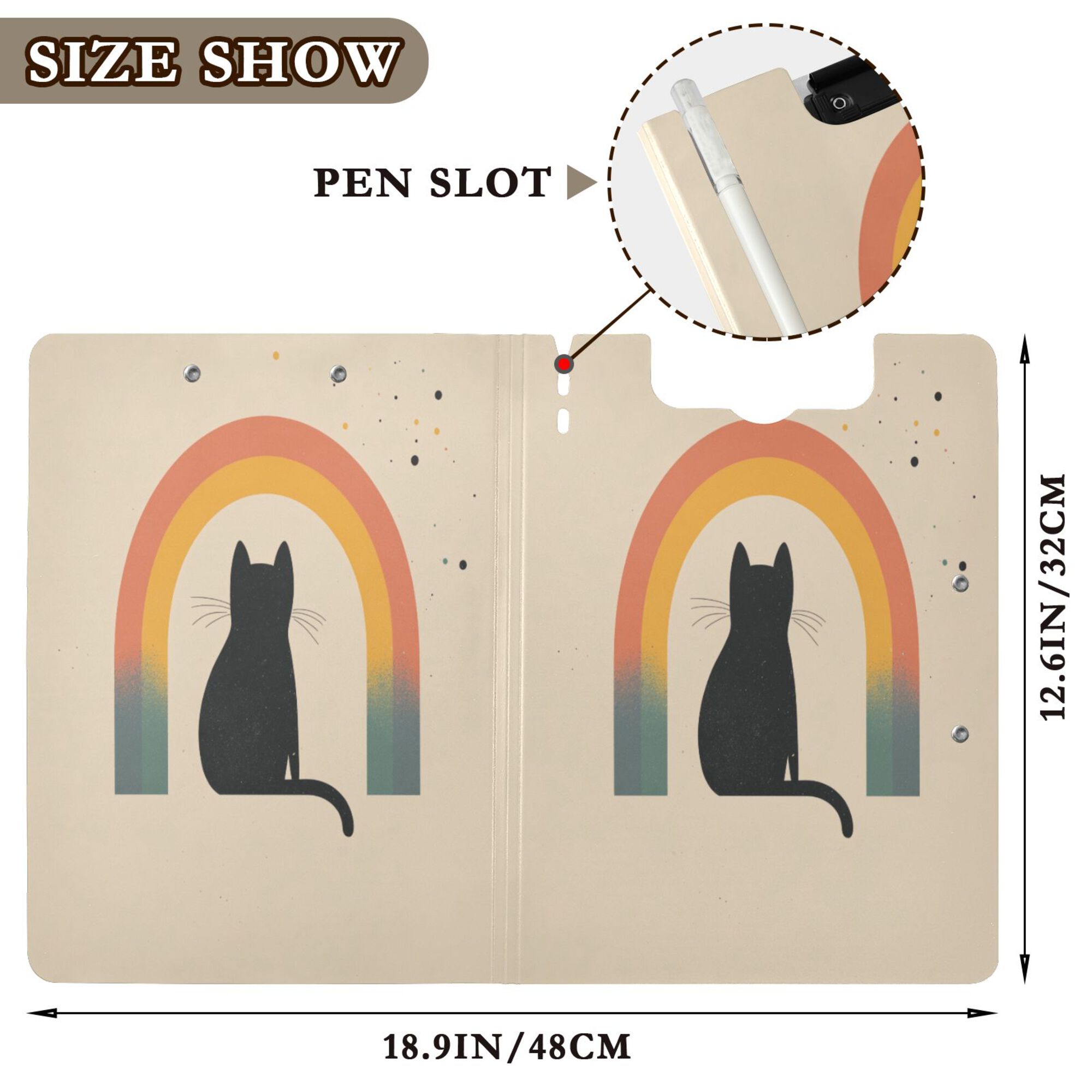 FORMRS A4 Clipboard Folder with Pen Holder Horizontal Foldable School Office Binder, Beige Cat Rainbow