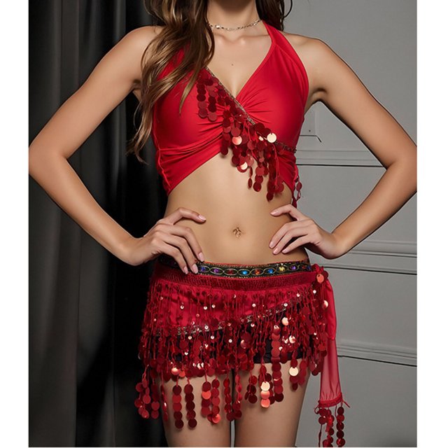 Blusa informal de poliéster con lentejuelas y borlas para danza del vientre, para mujer, estilo indio, para glúteos