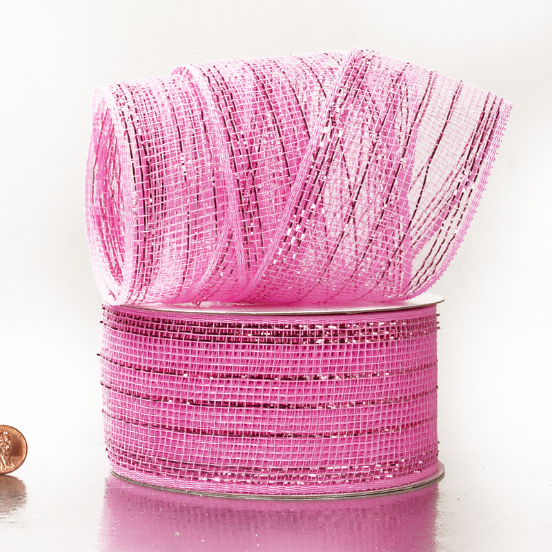 2 1/2" X 20 Yards Light Pink Deco Mesh W/Mtllc Stripe Ribbon by Paper Mart