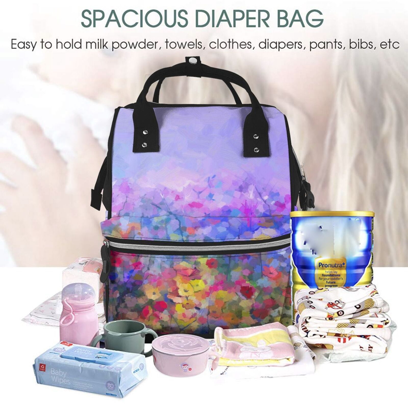 Ratiio Colorful Purple Cosmos Flower Mummy Backpack - Waterproof Twill Canvas, Large Capacity Diaper Bag with Multiple Pockets and Adjustable Straps