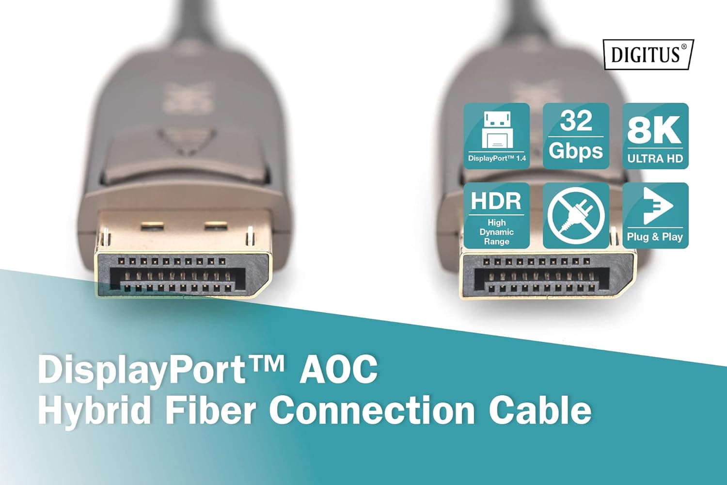 DIGITUS DisplayPort AOC Hybrid fibre optic cable - Displayport 1.4-8k/60Hz - UHD-II - gold-plat