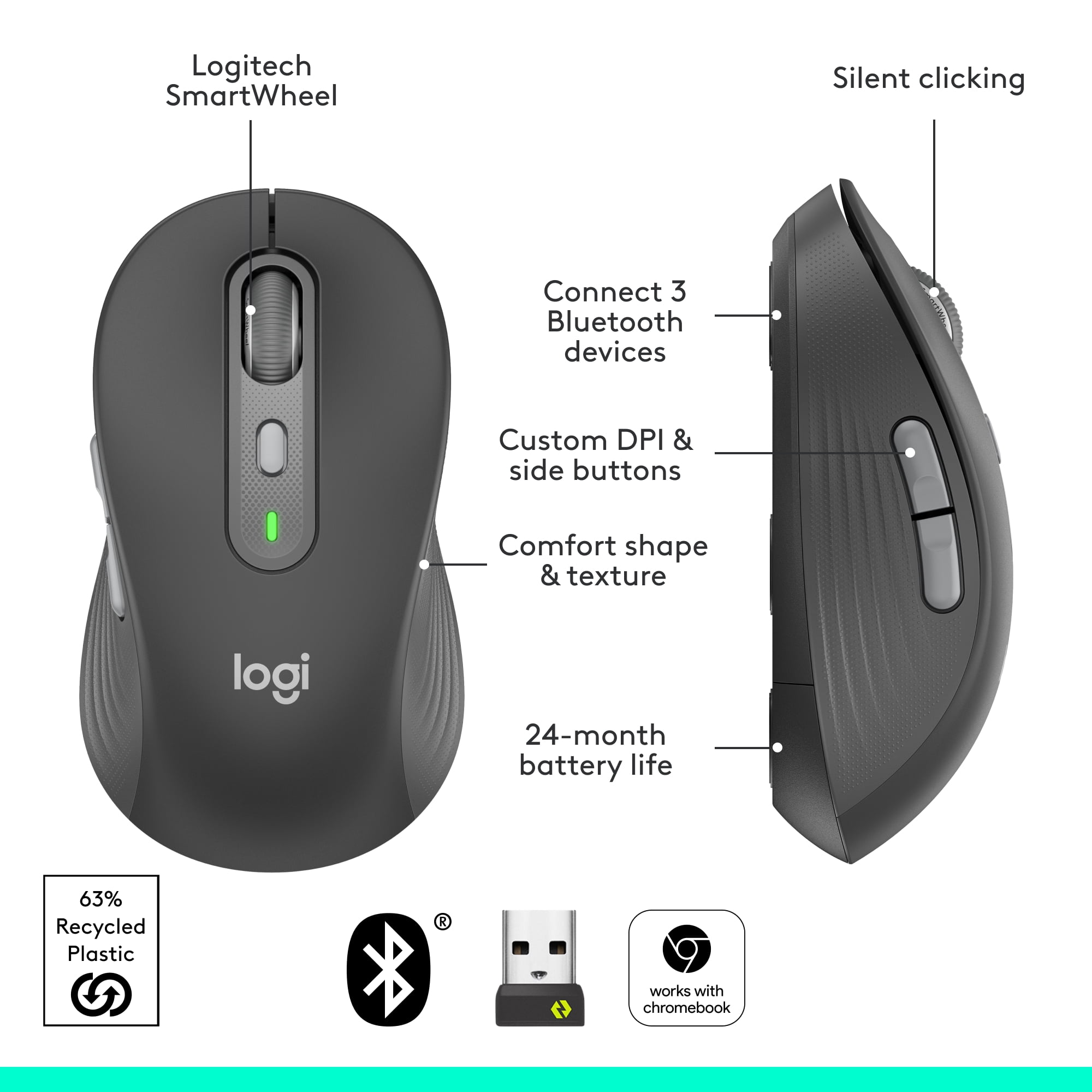 Logitech Signature Plus M750 L Wireless Mouse - For Large Sized Hands, SmartWheel Scrolling, Bluetooth Connectivity, Multi Device, 24-Month Battery, Silent Clicks, Graphite