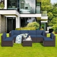 thumbnail image 2 of 7 Piece Wicker Patio Furniture Set, Outdoor Sectional Conversation Set with Tempered Glass Table, Dark Brown Rattan & Navy Blue Cushions for Backyard Deck Garden, 2 of 10