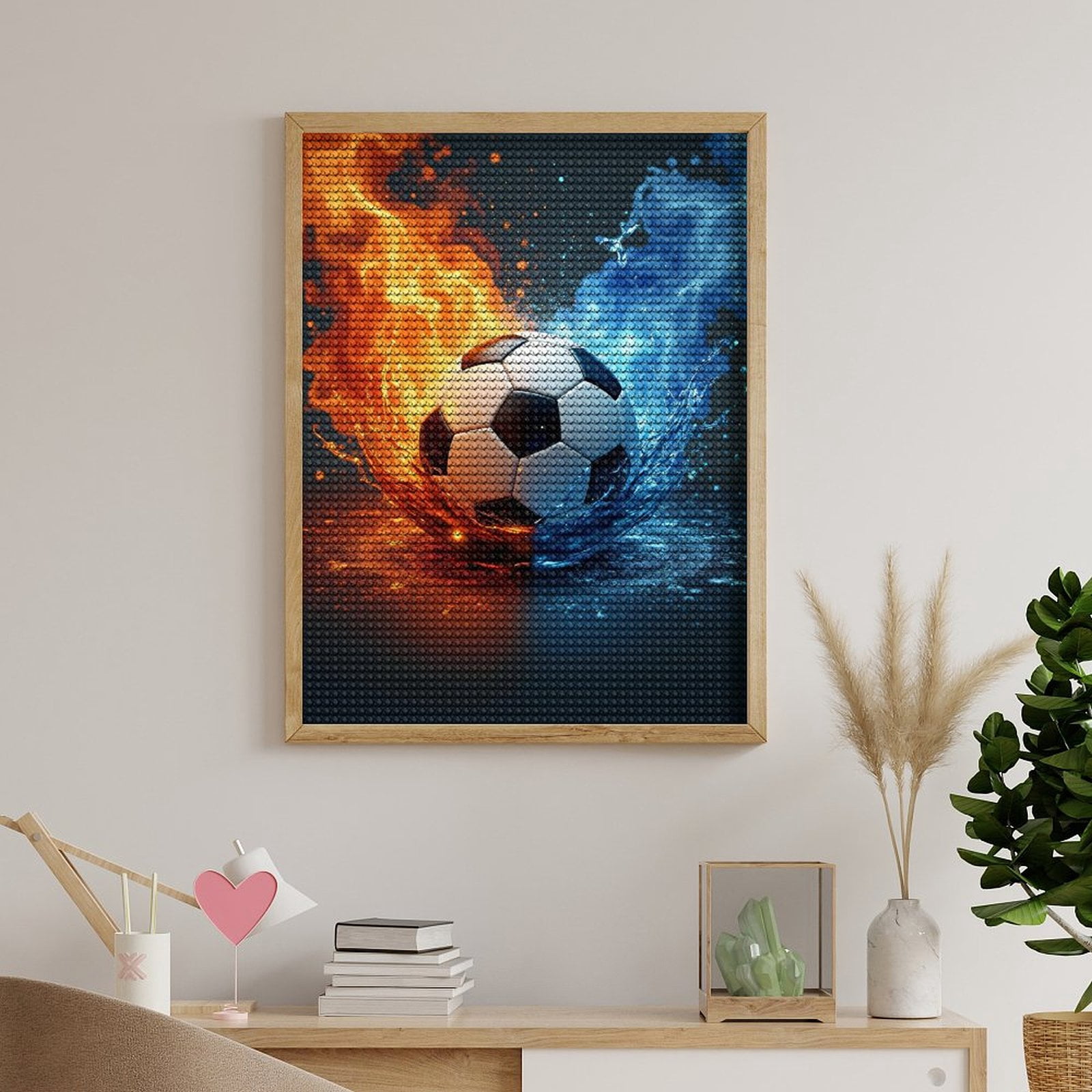 Diamond Art Kits for Adults, Soccer Ball Fire Water Elements 5D Diamond Painting Kits for Adults Beginners, DIY Full Drill Diamond Painting, Gem Art and Crafts 12x16