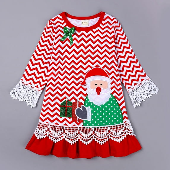 AURIGATE Baby Girl Clothes Skirt Toddler Girl Christmas Dress Santa Claus Embroidered Wave Pattern Ruffle Pleated Skirt Kid's Long-sleeved Skirt