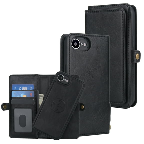 for iPhone 16e PU Leather 2 in 1 Case, Detachable Magnetic Wallet Case with Card Holder, Removable Flip Folio Cover with Stand Shockproof Protective Phone Cover, Compatible with MagSafe, Black