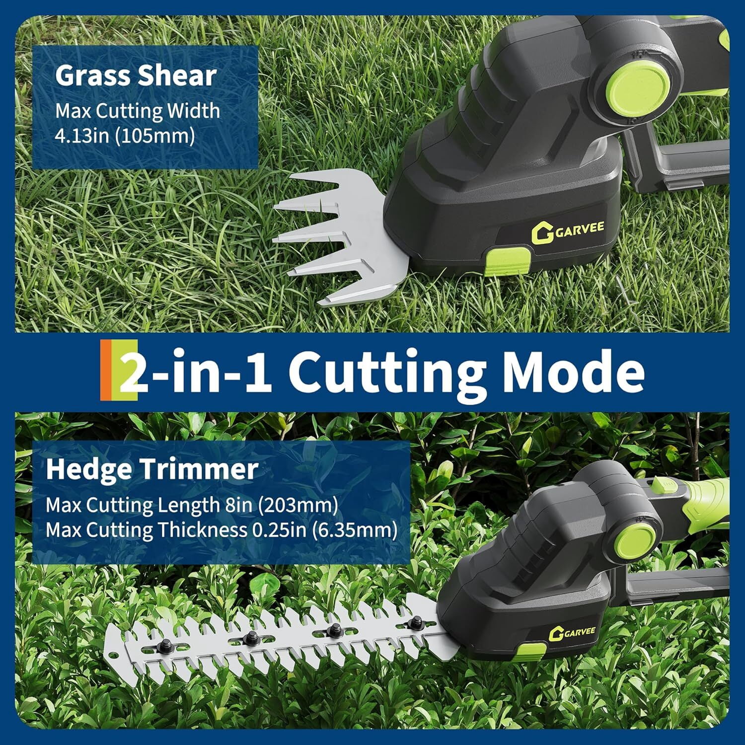 Garvee 2-in-1 Cordless Hedge Trimmer, 20V Lightweight Grass Shears & Hedge Trimmer with 2.0Ah Battery and Charger, Green/Black