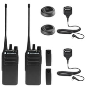 2 x Motorola CP100D Analog UHF Portable Non-Display Two Way Radio, 16 Channel, 4 Watt (403-480MHz) + 2 x HKLN4606 Remote Speaker Mic - 2 Pack with Mic Bundle