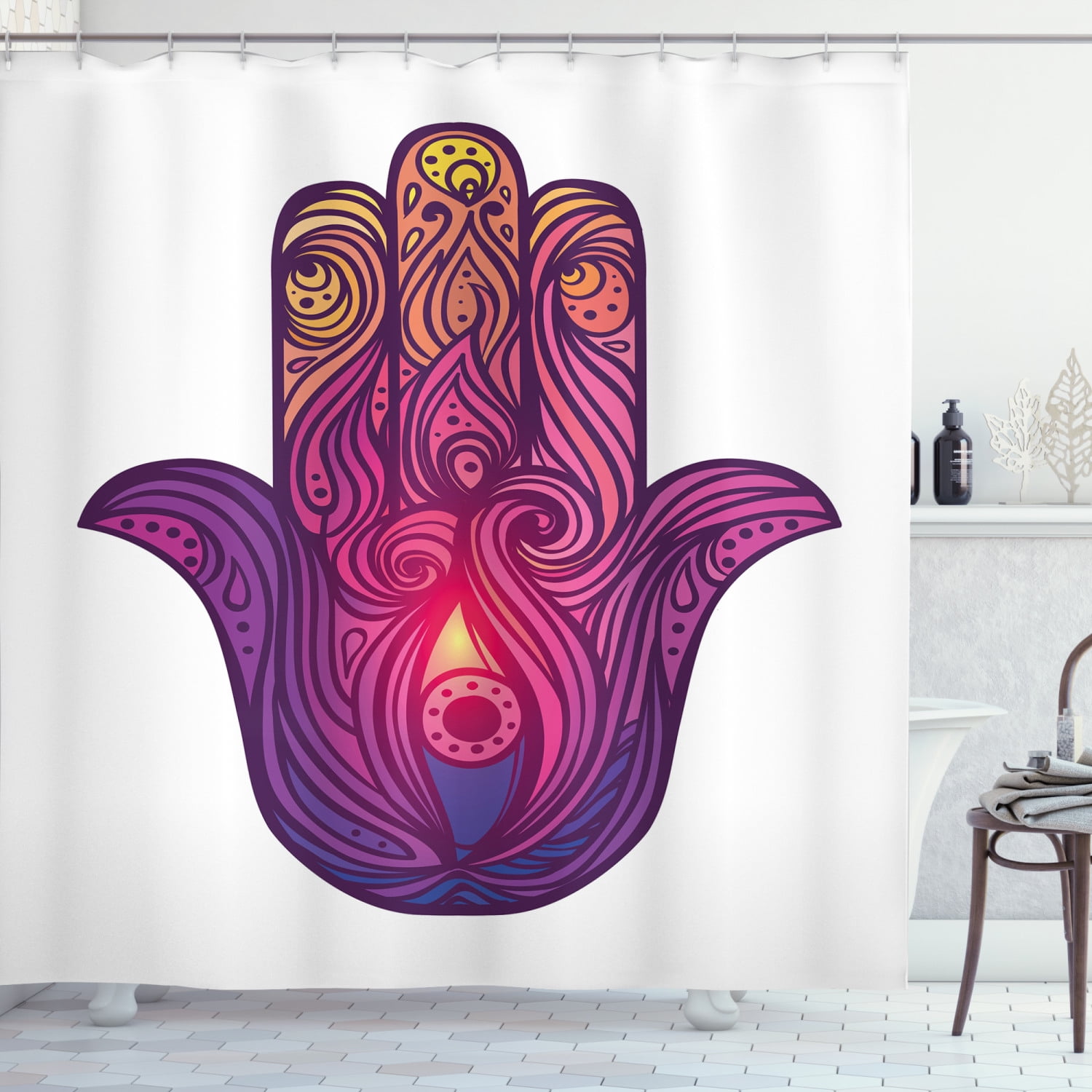Hamsa Shower Curtain, Vivid Floral Swirls Symbol of Aura Energy Flow