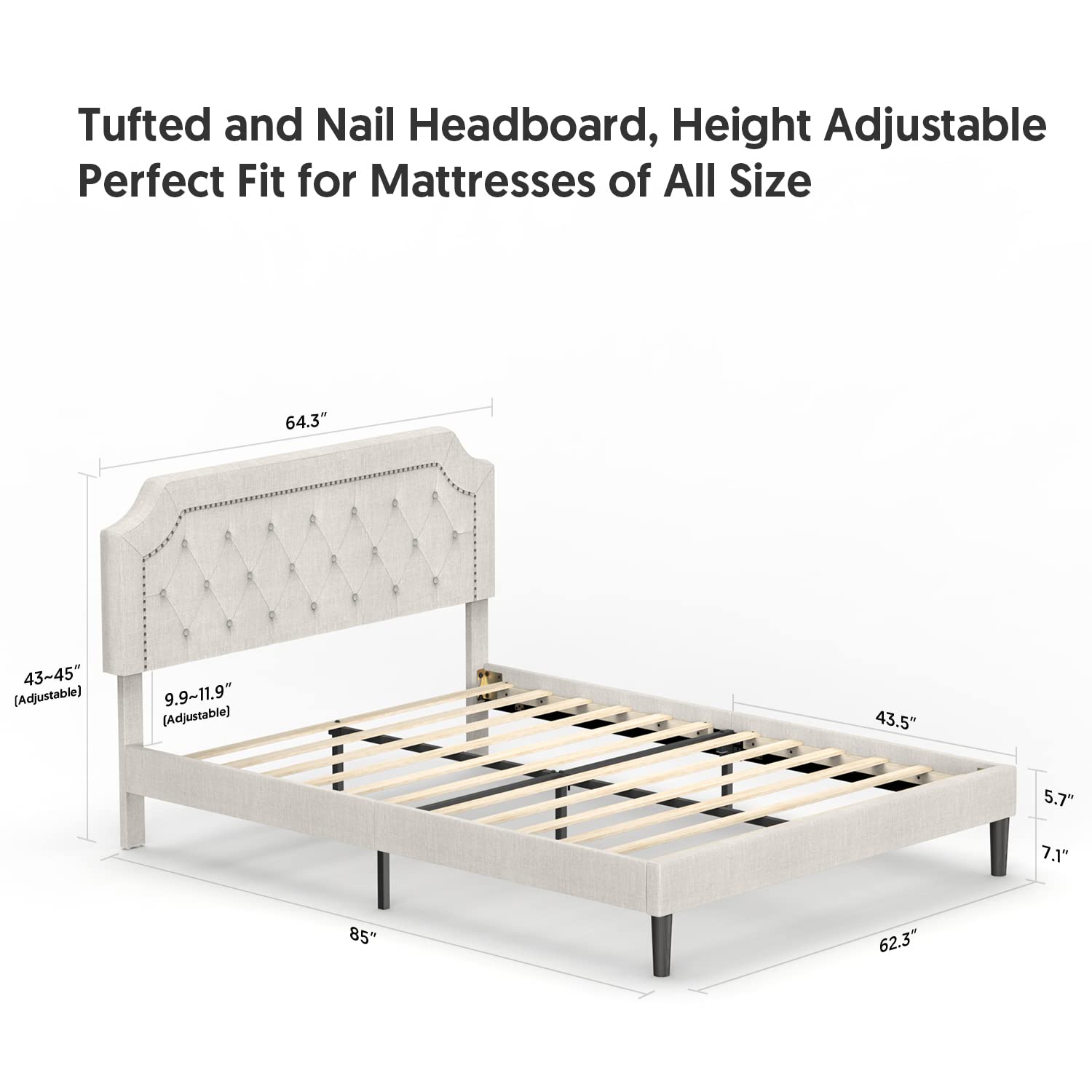 BONSOIR QUEEN Size Bed Frame Upholstered Low Profile Traditional Platform with Tufted and Nail Headboard/No Box Spring Needed/No Bed Skirt Needed/Linen Fabric Upholstery/Color of Sand